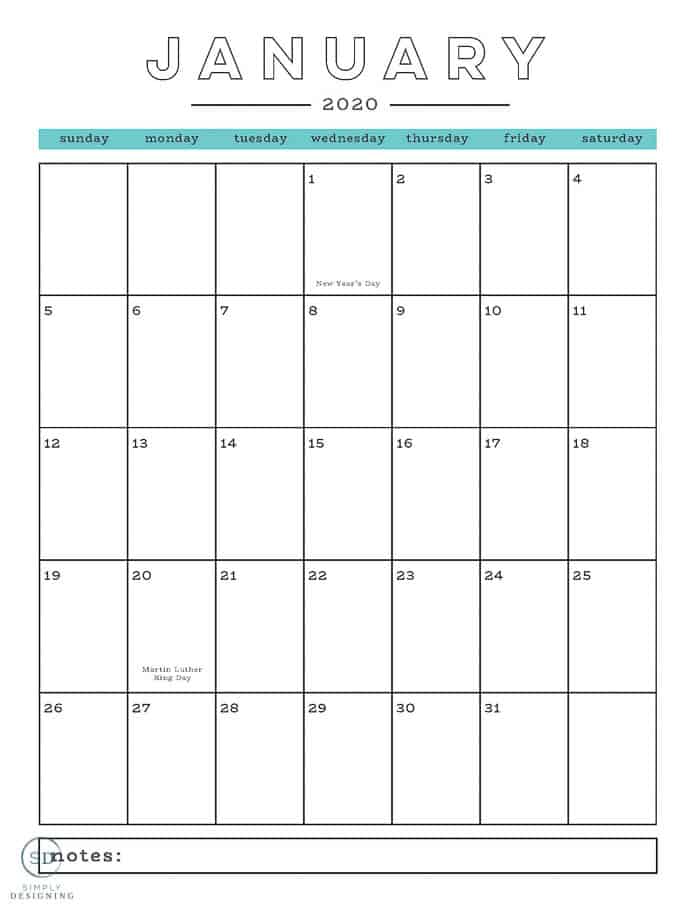 free 2020 calendar January