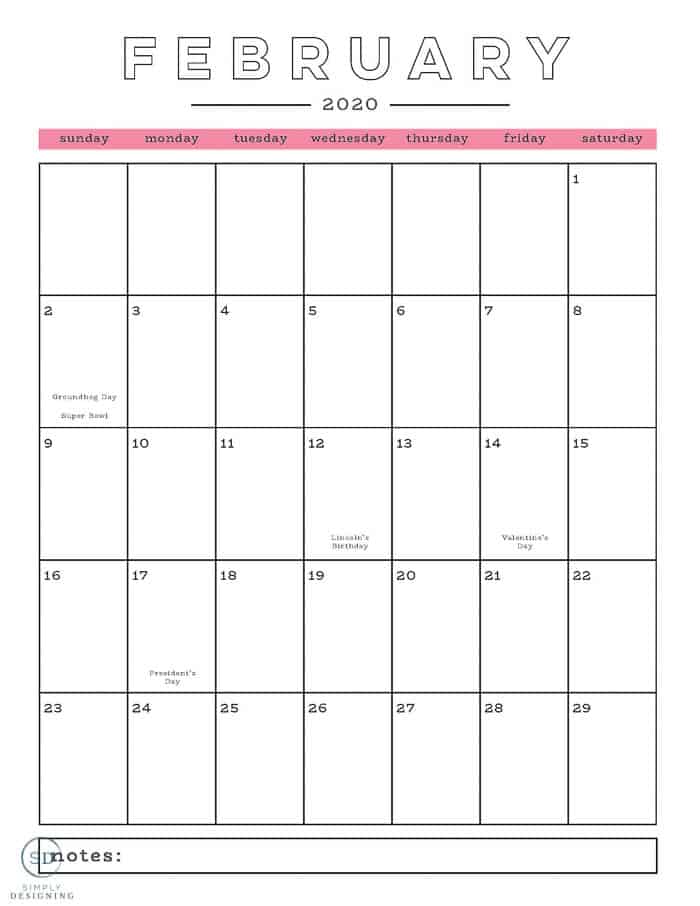 free 2020 calendar February