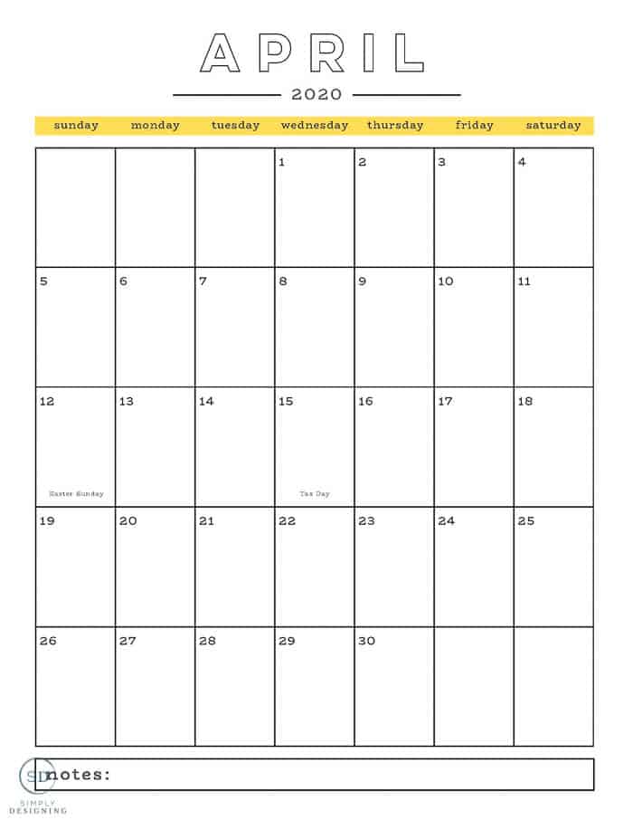 Calendar april deals 2020 printable