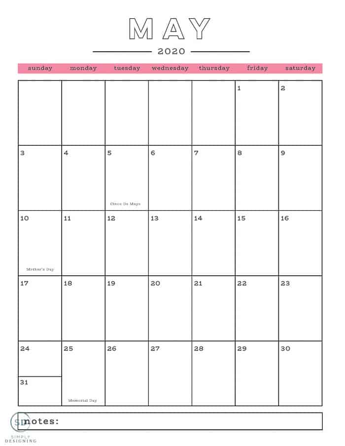 free 2020 calendar May