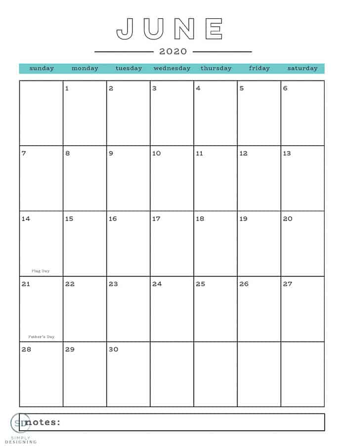 free 2020 calendar June