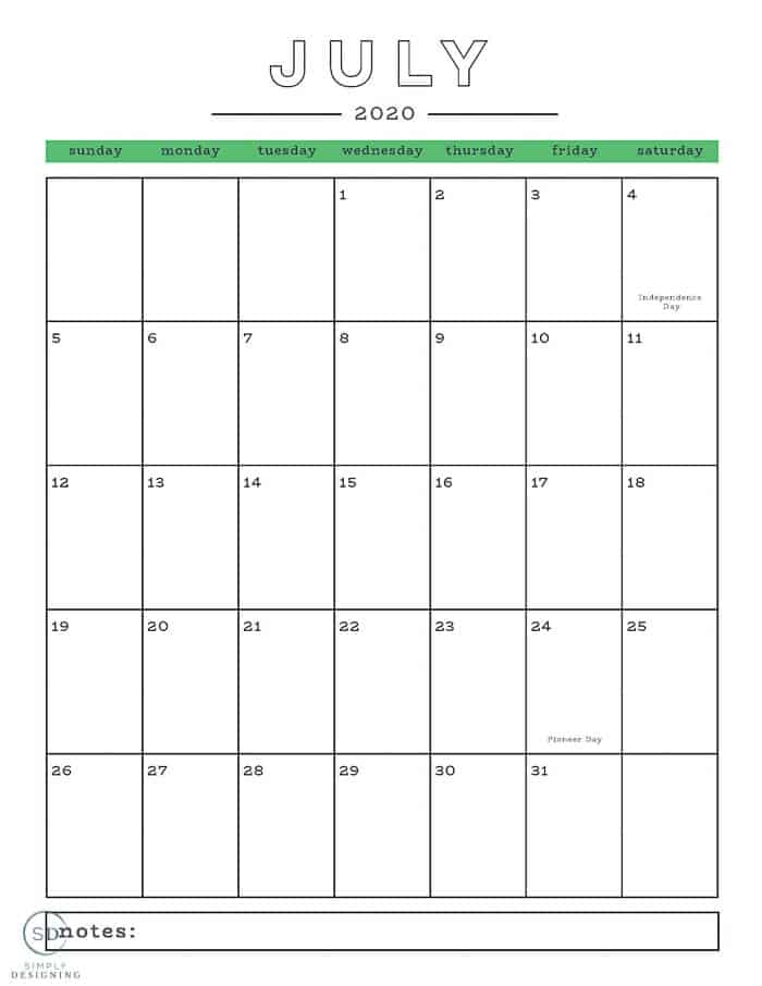 free 2020 calendar July