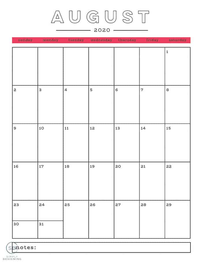 free 2020 calendar August