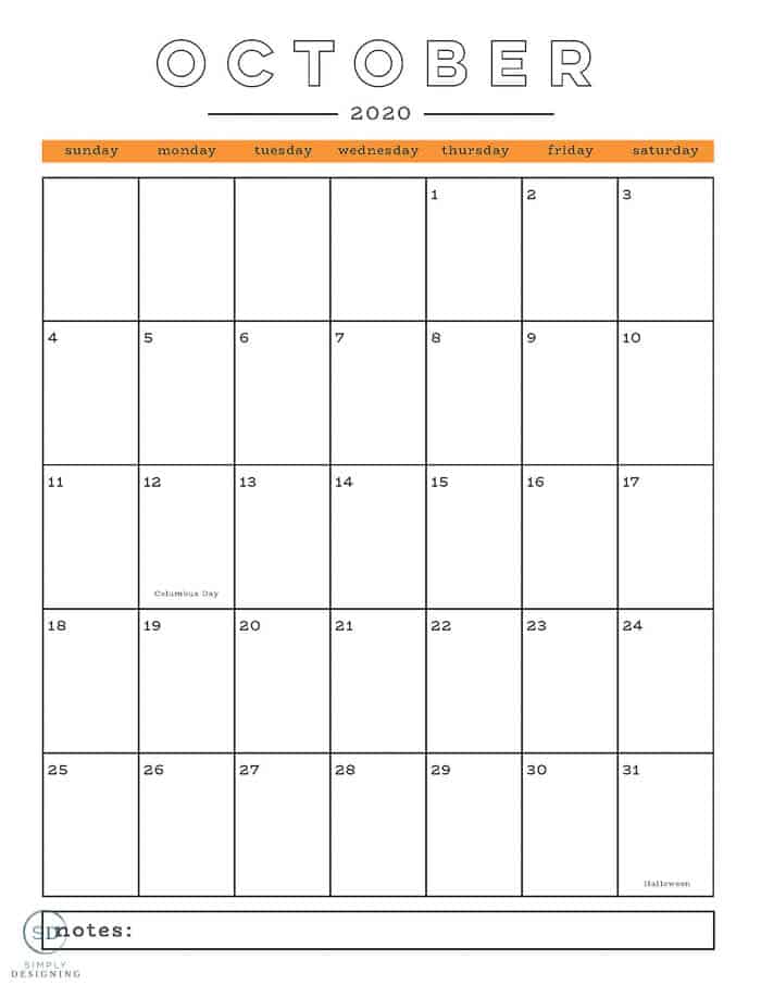 free 2020 calendar October