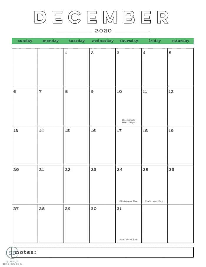 free 2020 calendar December