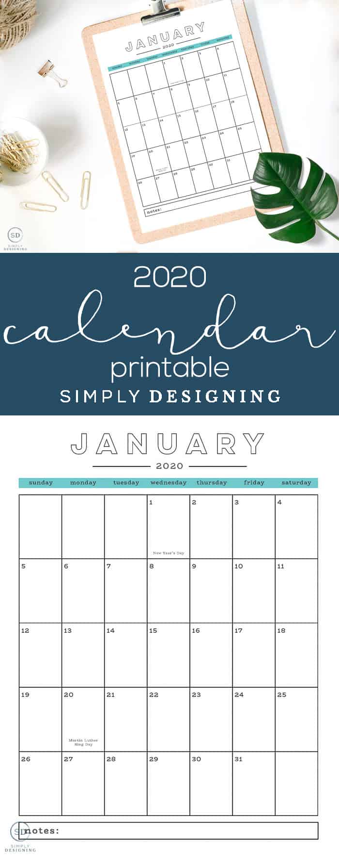This modern free 2020 printable calendar with holidays is super functional and is the perfect way to plan your year your months your weeks and your days