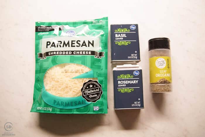spices herbs and cheese needed for parmesan rosemary bread