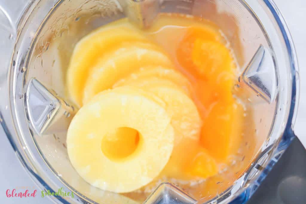 Peach Pineapple Smoothie 6 ingredients in a blender for a pineapple peach smoothie