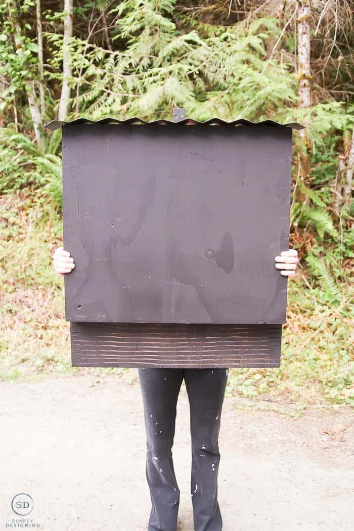woman holding a black bat house with corrugated metal roof