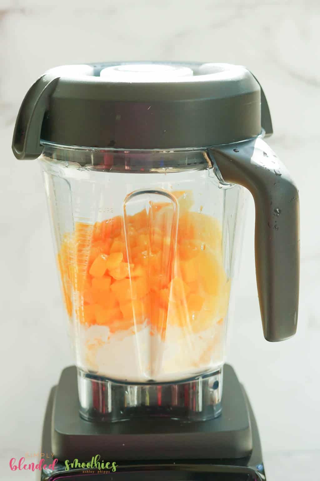 Mango Pineapple Milkshake 9 vanilla ice cream mango pineapples in a blender looking at it from the side