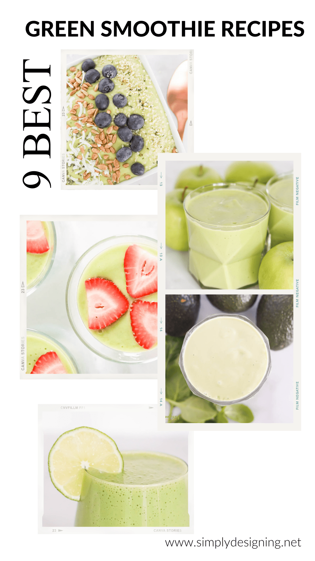 Delicious Green Smoothie Recipes 1 collage of five green smoothies with text that says 9 best green smoothie recipes